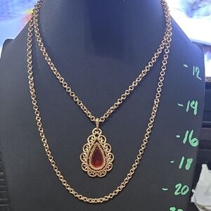 Vintage Avon Gold-Tone Necklace with Red Teardrop Pendant